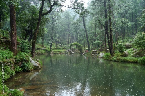 A tranquil lake nestled among dense trees surrounded by lush greenery and an ivycovered arch bridge