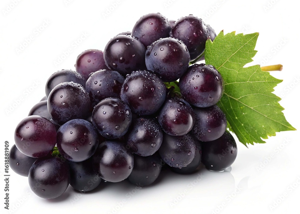 Fototapeta premium A bunch of fresh, dark purple grapes with green leaves, isolated on a white background