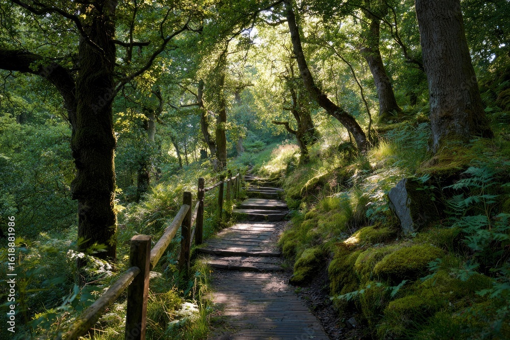 Obraz premium A wooden boardwalk ascends through a lush green forest dappled sunlight filtering through the canopy