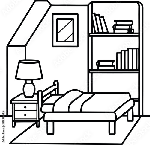 dorm with cozy bedding side table and books