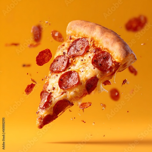 Delicious pepperoni pizza slice floating isolated on white background