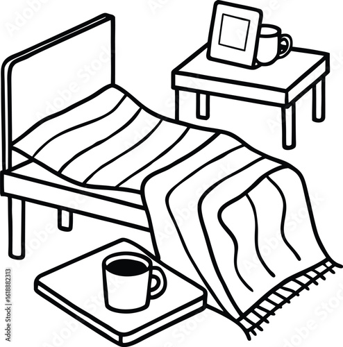 dorm with cozy blanket laptop and coffee mug