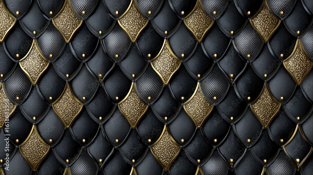 Obraz premium Black leather scales with gold accents form a textured ornate pattern