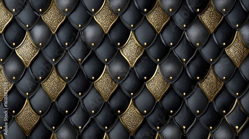 Black leather scales with gold accents form a textured ornate pattern