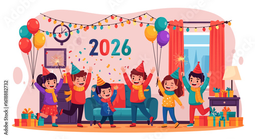 Festive Celebration Of The Coming Year With Children And Decorations
