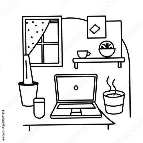 dorm with cup of tea laptop and small shelf