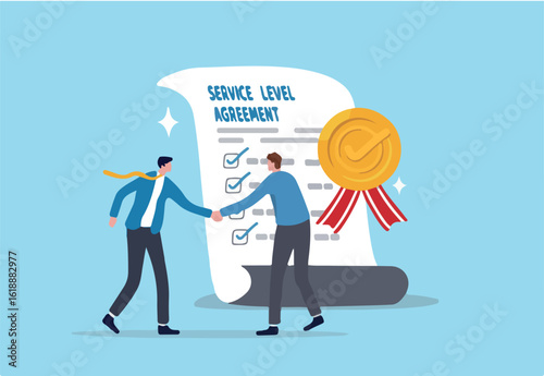 SLA service level agreement, commitment or support contract for uptime, availability or resolution for service problem, guarantee concept, businessman handshake with SLA checklist contract agreement