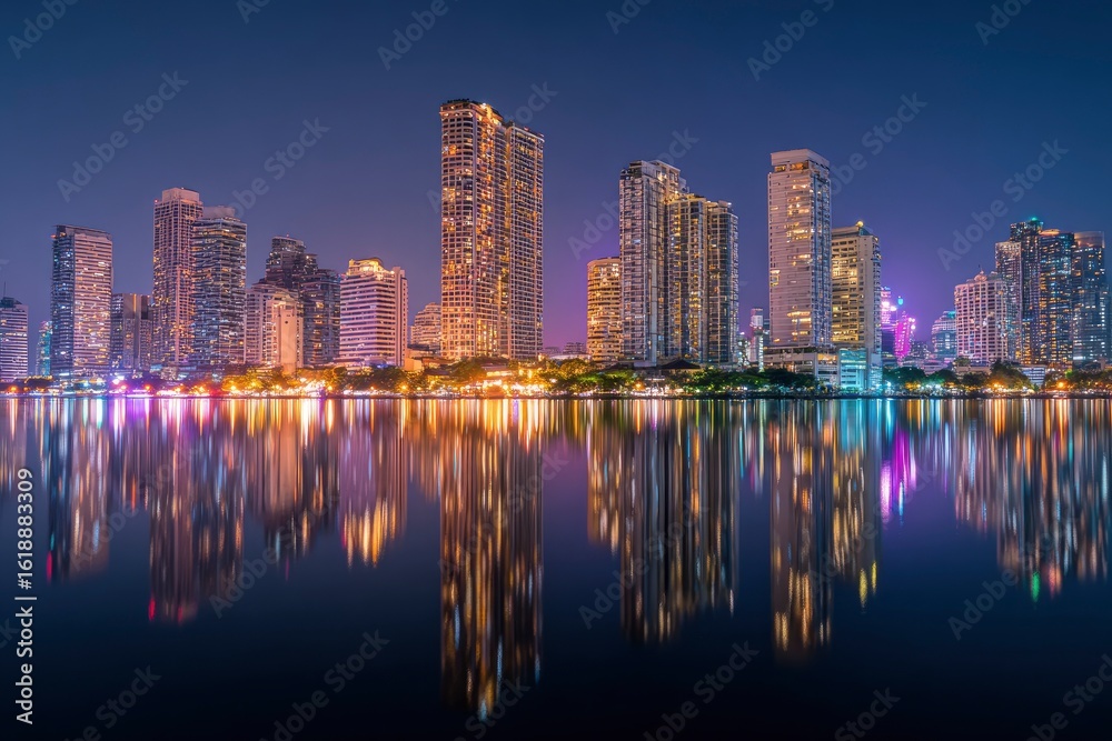 Fototapeta premium City skyline with skyscraper reflections on water at night illuminated cityscape