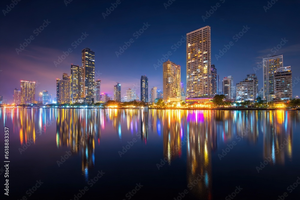 Fototapeta premium Cityscape at night with tall buildings reflected in the dark water lights shimmering