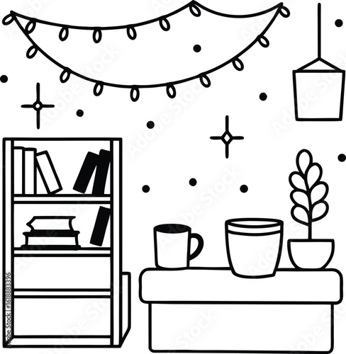 dorm with fairy lights cup of tea and books