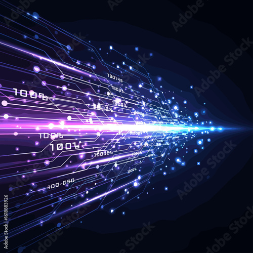 Digital technology background with glowing circuit board and data flow