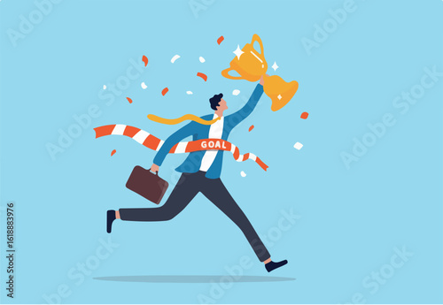 Success winning businessman, achievement, succeed performance or business victory, career success, goal or target accomplishment concept, success businessman running reach finish line with trophy