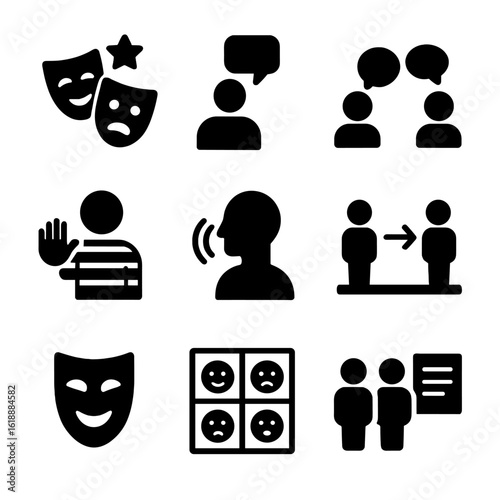 Acting Techniques Icons. Solid, filled icon set of acting techniques: improvisation, monologue, dialogue, mime, voice modulation,
