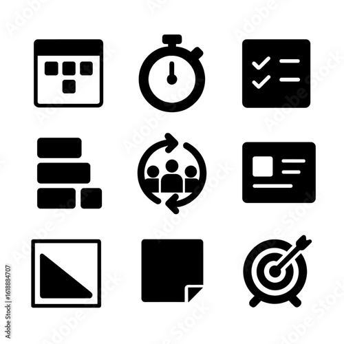 Agile Workflow Icons Grid. Solid, filled icon set of agile workflow: kanban board, sprint timer, checklist, backlog items, scrum
