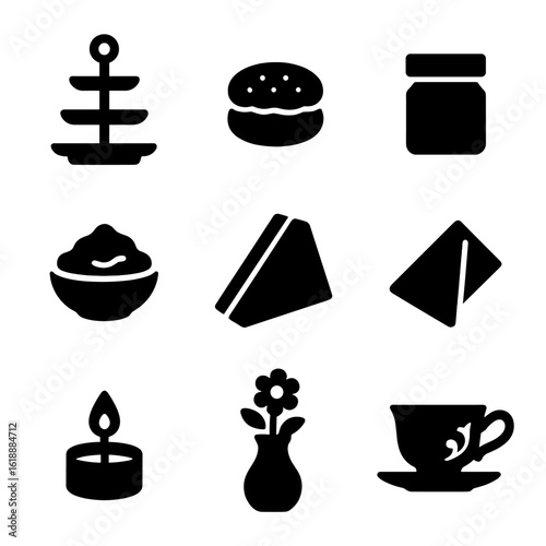 Afternoon Tea Icons. Solid, filled icon set of afternoon tea setting: tiered tray, scone, jam jar, clotted cream dish, sandwich