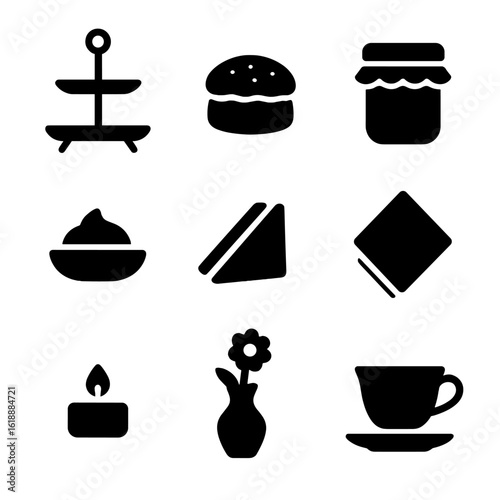Afternoon Tea Icons. Solid, filled icon set of afternoon tea setting: tiered tray, scone, jam jar, clotted cream dish, sandwich