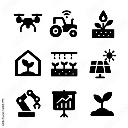 AgTech Icon Grid. Solid, filled icon set of startups in agriculture technology: drone, smart tractor, sensor, greenhouse,