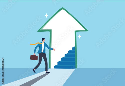 Stairway to new opportunity, success path or open door to career chance, leadership improvement, progress or solving problem concept, businessman open arrow up door to walk up stair to success