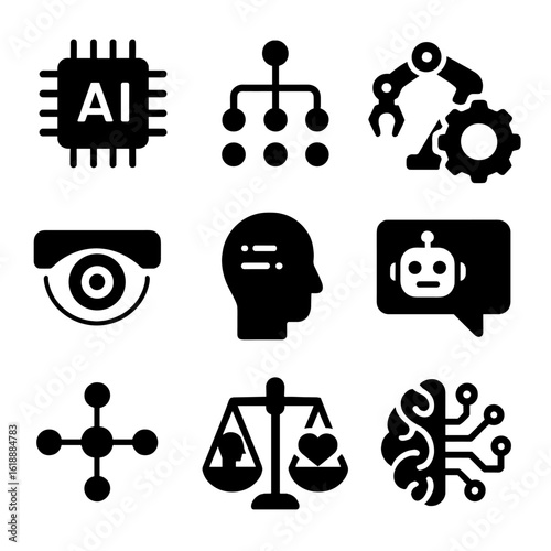 AI Icon Collection. Solid, filled icon set of artificial intelligence research: AI chip, machine learning icon, robotics gear,