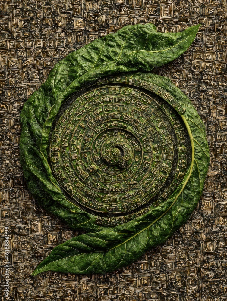 Obraz premium Spiral tea leaf mandala with intricate symbolic script on textured surface