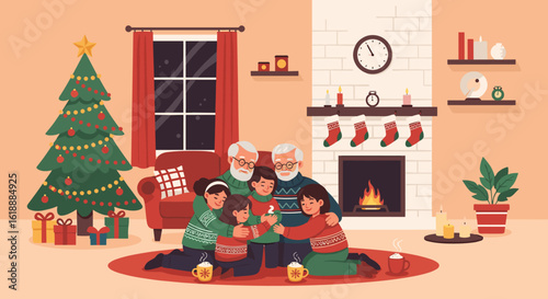 Joyful Family Gathering Around a Warm Christmas Tree