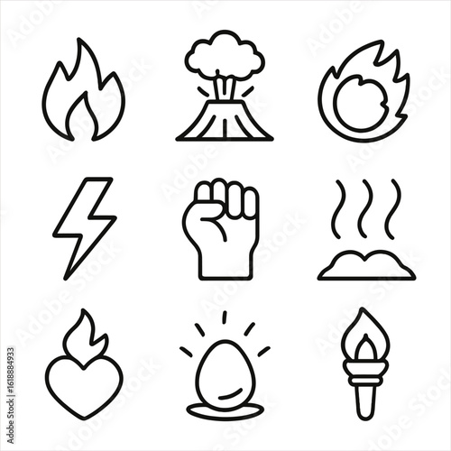 Anger Energy Icon Set. Solid, filled icon set of anger energy symbols: red flame, volcanic eruption, fireball explosion, lightning