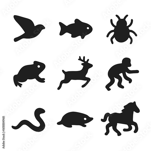 Animal Movement Icons. Solid, filled icon set of animal locomotion types: flying bird, swimming fish, crawling insect, hopping