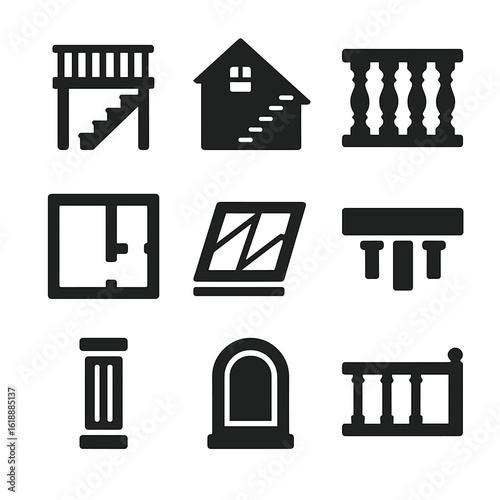 Architectural Icons Grid. Solid, filled icon set of architectural elements related to stairs: mezzanine, loft, balustrade, floor