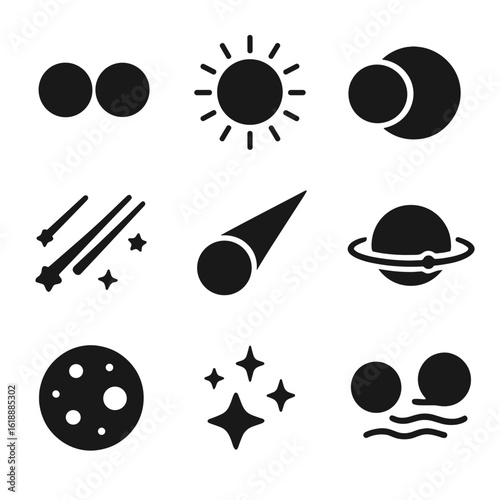 Astronomy Icon Set. Solid, filled icon set of astronomical events: planetary conjunction, solar eclipse, lunar eclipse, meteor