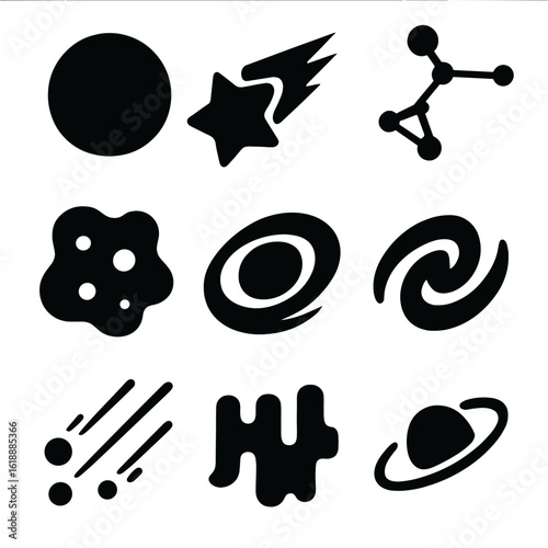 Astronomy Icon Set. Solid, filled icon set of astronomical phenomena: eclipse, shooting star, constellation, nebula, black hole,