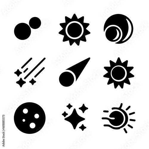Astronomy Icon Set. Solid, filled icon set of astronomical events: planetary conjunction, solar eclipse, lunar eclipse, meteor