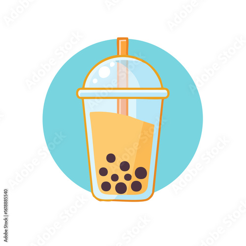 Refreshing illustration of a bubble tea cup with tapioca balls and a straw against a light blue background. The drink is a refreshing treat