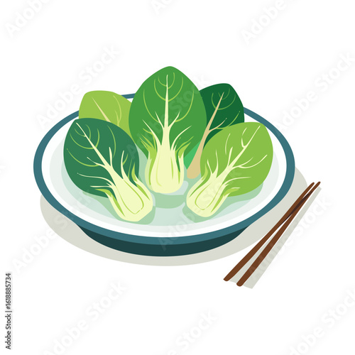 Fresh bok choy leaves arranged in a bowl with chopsticks, ready for serving