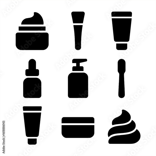 Beauty Product Icons. Solid, filled icon set of beauty cream with applicator brush: face cream jar, applicator brush, squeeze tube