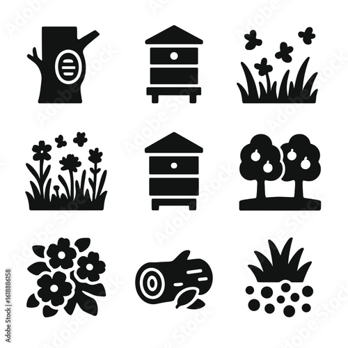 Bee Habitat Icons. Solid, filled icon set of bee habitats: tree hollow, garden hive, meadow, wildflower field, beehive box,
