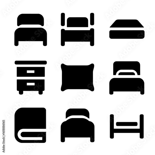Bed Icons Set. Solid, filled icon set of bed arrangement: headboard, footboard, mattress, nightstand, pillow, bedspread, blanket,