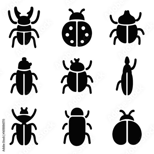 Beetle Icon Grid. Solid, filled icon set of beetle species: stag beetle, ladybug, dung beetle, click beetle, rhinoceros beetle,