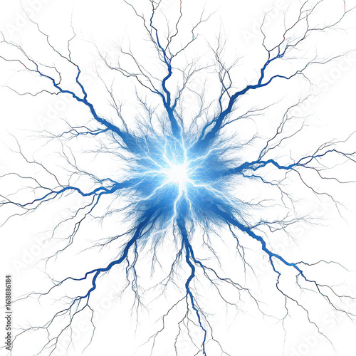 Bright blue electric lightning bolt bursting outward from a central point isolated on transparent background