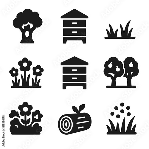 Bee Habitat Icons. Solid, filled icon set of bee habitats: tree hollow, garden hive, meadow, wildflower field, beehive box,