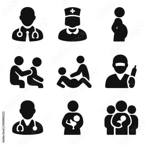Birth Support Icons. Solid, filled icon set of birth support roles: doctor icon, nurse icon, midwife figure, doula silhouette,