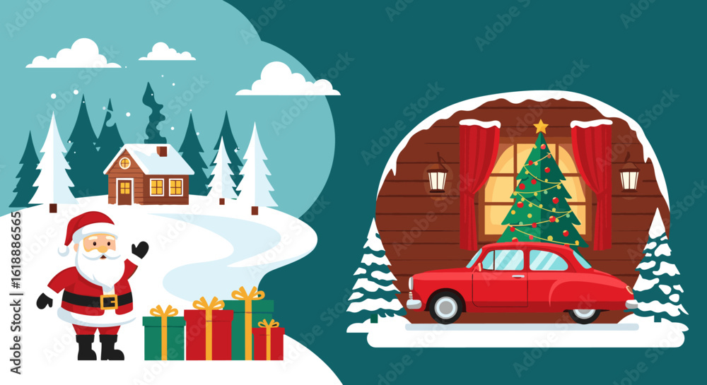 Obraz premium Warm Winter Greetings From A Cozy Cabin With A Festive Tree, A Charming Santa Claus With Gifts And A Classic Car For A Joyful Holiday Season