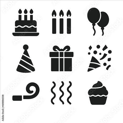 Black Party Icons. Solid, filled icon set of birthday celebration: birthday cake, candles, balloons, party hat, gift box, confetti
