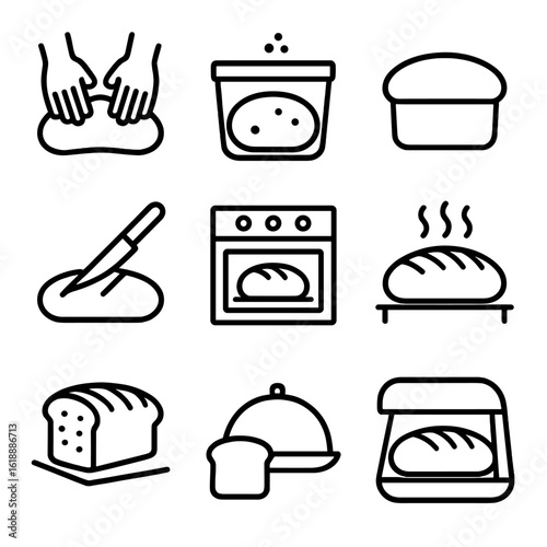 Bread Baking Icons. Solid, filled icon set of bread baking stages: kneading dough, proofing dough, shaping loaf, scoring, baking,