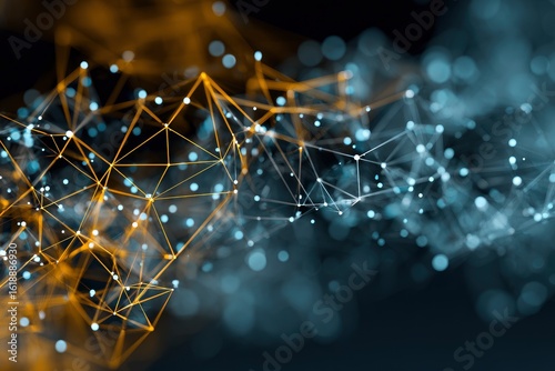 Network golden linesdots on left meet bluegray blurry nodeslinks fading to black at bottom