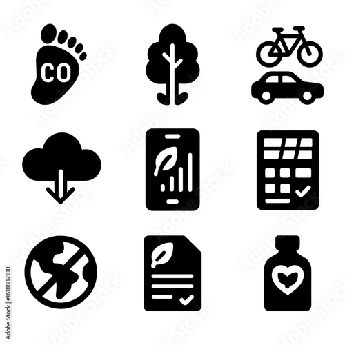 Carbon Reduction Icons. Solid, filled icon set of carbon footprint reduction: footprint icon, carbon offset tree, bike over car,