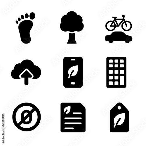 Carbon Reduction Icons. Solid, filled icon set of carbon footprint reduction: footprint icon, carbon offset tree, bike over car,