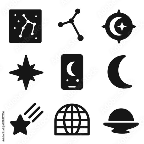 Celestial Navigation Icons. Solid, filled icon set of celestial navigation aids: star chart, constellation icon, moon compass,