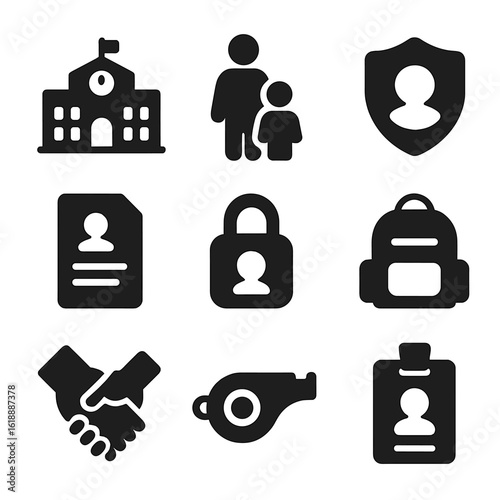 Child Safety Icons. Solid, filled icon set of child safety during family crisis: school building, guardian figure, safe zone,