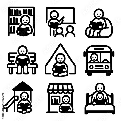 Children's Reading Icons. Solid, filled icon set of reading environments for children: library, classroom, home reading corner,