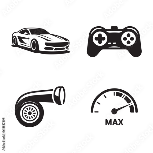 A black and white design showing a car, controller, turbocharger, and speedometer maxed out